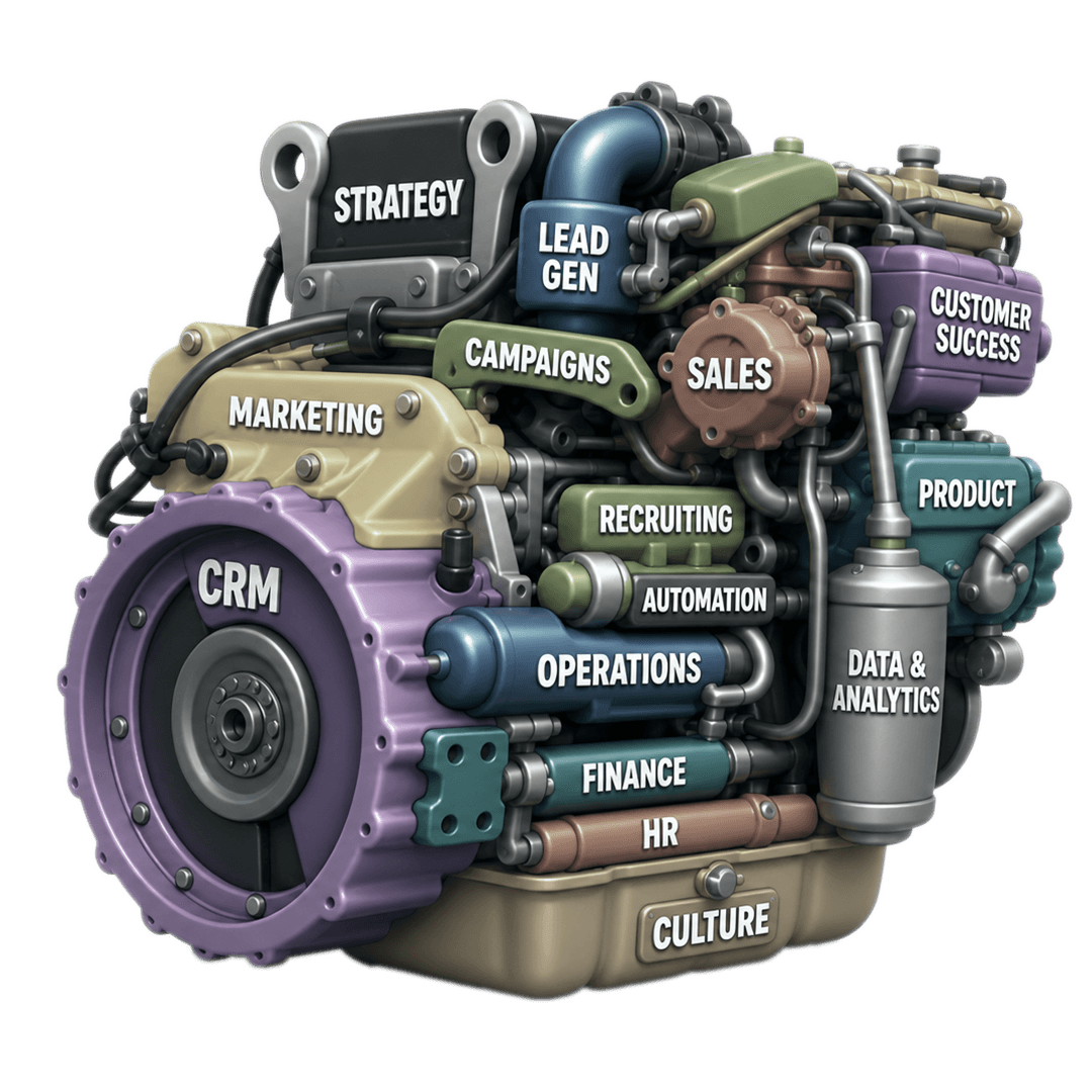 An engine assembled from business parts: CRM, marketing, sales, recruiting, operations, finance, and data
